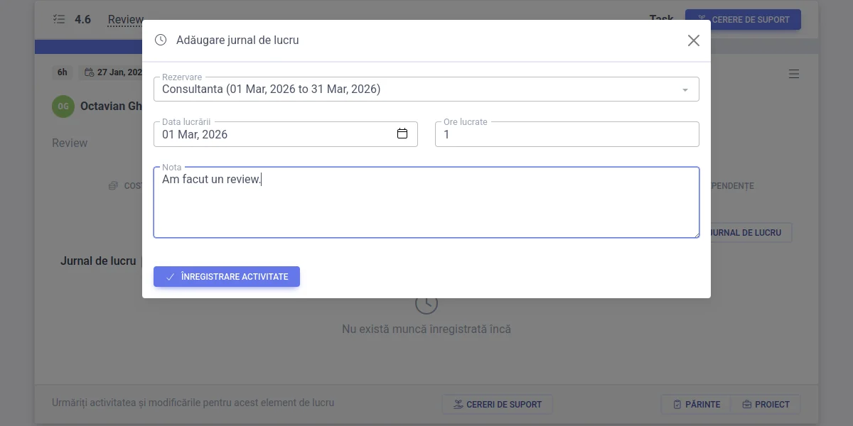 Work log entry on projects